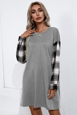 Contrast Plaid Sleeve Tee Dress, Trendsi - A Blissfully Beautiful Boutique