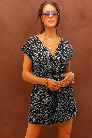 Printed Short Sleeve Romper with Belt, Trendsi - A Blissfully Beautiful Boutique