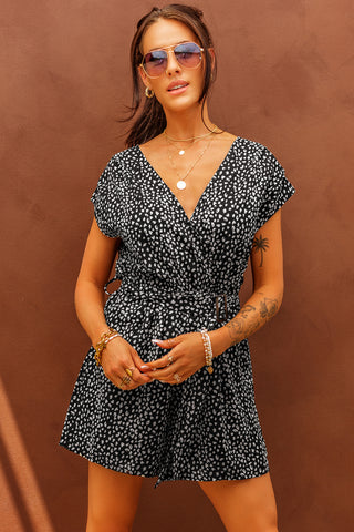 Printed Short Sleeve Romper with Belt, Trendsi - A Blissfully Beautiful Boutique