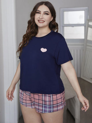 Plus Size Heart Graphic Top and Plaid Shorts Loungewear Set, Trendsi - A Blissfully Beautiful Boutique