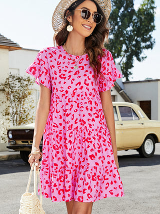 Leopard Short Flounce Sleeve Tiered Dress, Trendsi - A Blissfully Beautiful Boutique