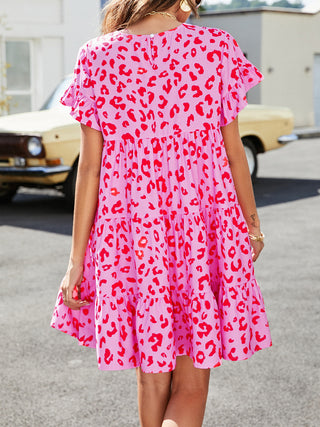 Leopard Short Flounce Sleeve Tiered Dress, Trendsi - A Blissfully Beautiful Boutique