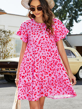 Leopard Short Flounce Sleeve Tiered Dress, Trendsi - A Blissfully Beautiful Boutique
