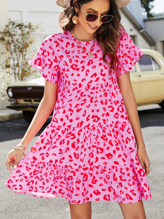 Leopard Short Flounce Sleeve Tiered Dress, Trendsi - A Blissfully Beautiful Boutique