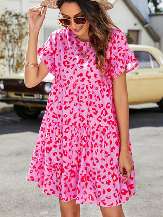Leopard Short Flounce Sleeve Tiered Dress, Trendsi - A Blissfully Beautiful Boutique