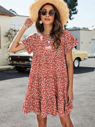 Leopard Short Flounce Sleeve Tiered Dress, Trendsi - A Blissfully Beautiful Boutique