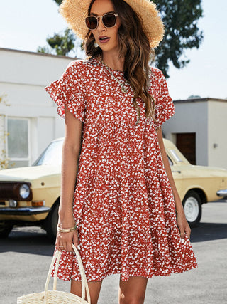 Leopard Short Flounce Sleeve Tiered Dress, Trendsi - A Blissfully Beautiful Boutique