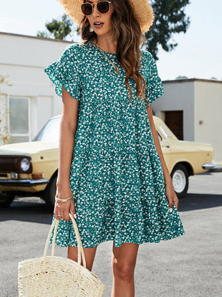 Leopard Short Flounce Sleeve Tiered Dress, Trendsi - A Blissfully Beautiful Boutique