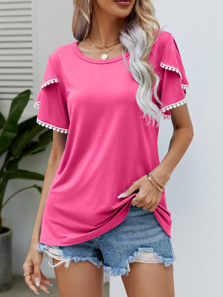 Pom-Pom Trim Flutter Sleeve Round Neck Tee, Trendsi - A Blissfully Beautiful Boutique