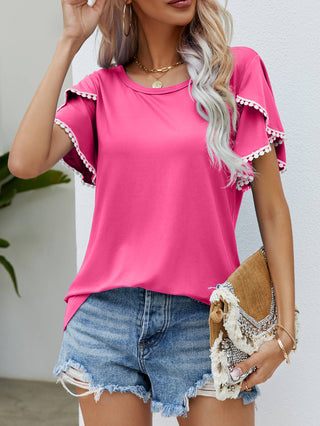 Pom-Pom Trim Flutter Sleeve Round Neck Tee, Trendsi - A Blissfully Beautiful Boutique