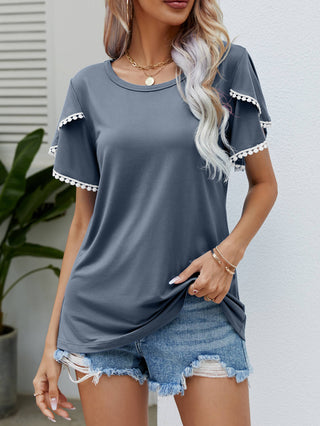 Pom-Pom Trim Flutter Sleeve Round Neck Tee, Trendsi - A Blissfully Beautiful Boutique