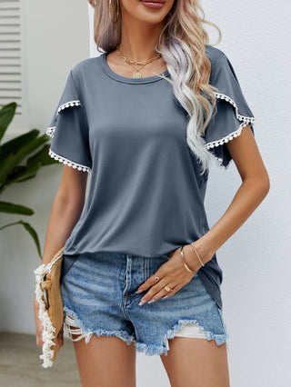 Pom-Pom Trim Flutter Sleeve Round Neck Tee, Trendsi - A Blissfully Beautiful Boutique