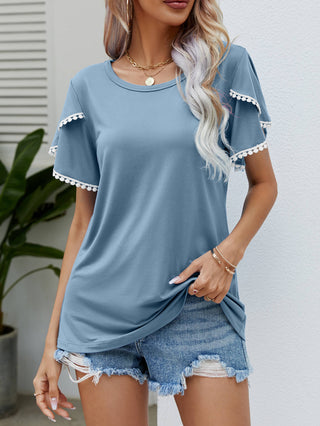 Pom-Pom Trim Flutter Sleeve Round Neck Tee, Trendsi - A Blissfully Beautiful Boutique