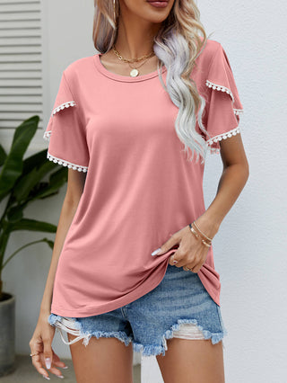 Pom-Pom Trim Flutter Sleeve Round Neck Tee, Trendsi - A Blissfully Beautiful Boutique