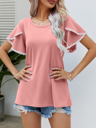 Pom-Pom Trim Flutter Sleeve Round Neck Tee, Trendsi - A Blissfully Beautiful Boutique
