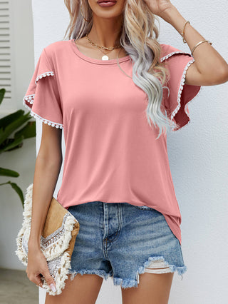 Pom-Pom Trim Flutter Sleeve Round Neck Tee, Trendsi - A Blissfully Beautiful Boutique