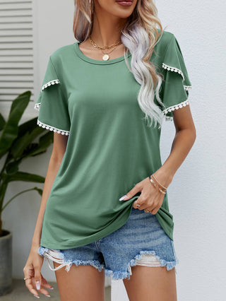 Pom-Pom Trim Flutter Sleeve Round Neck Tee, Trendsi - A Blissfully Beautiful Boutique