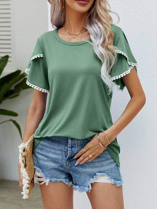 Pom-Pom Trim Flutter Sleeve Round Neck Tee, Trendsi - A Blissfully Beautiful Boutique