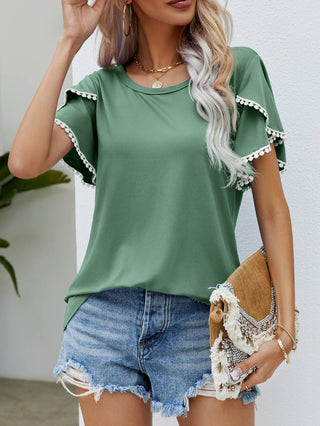 Pom-Pom Trim Flutter Sleeve Round Neck Tee, Trendsi - A Blissfully Beautiful Boutique