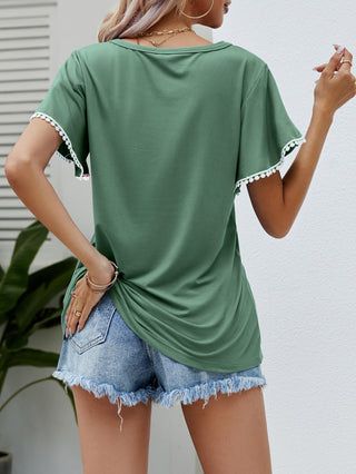 Pom-Pom Trim Flutter Sleeve Round Neck Tee, Trendsi - A Blissfully Beautiful Boutique