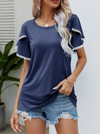 Pom-Pom Trim Flutter Sleeve Round Neck Tee, Trendsi - A Blissfully Beautiful Boutique