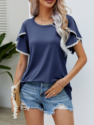 Pom-Pom Trim Flutter Sleeve Round Neck Tee, Trendsi - A Blissfully Beautiful Boutique