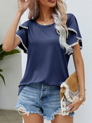 Pom-Pom Trim Flutter Sleeve Round Neck Tee, Trendsi - A Blissfully Beautiful Boutique