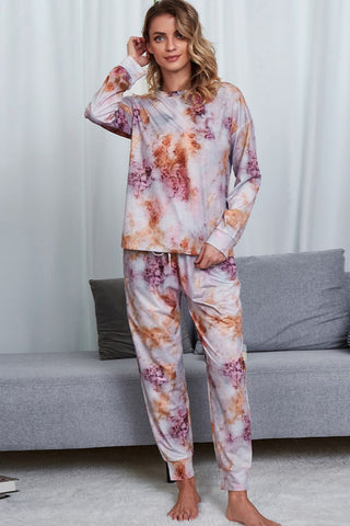 Tie-Dye Crewneck Top and Drawstring Waist Joggers Lounge Set, Trendsi - A Blissfully Beautiful Boutique