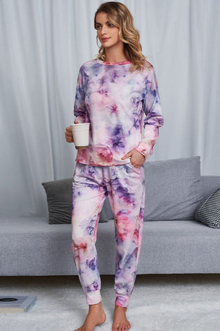 Tie-Dye Crewneck Top and Drawstring Waist Joggers Lounge Set, Trendsi - A Blissfully Beautiful Boutique