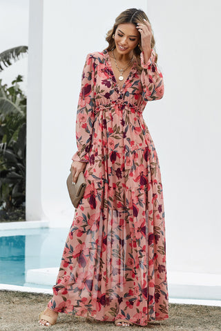 Floral Frill Trim Flounce Sleeve Plunge Maxi Dress, Trendsi - A Blissfully Beautiful Boutique