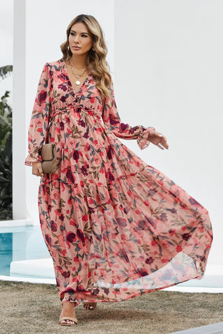 Floral Frill Trim Flounce Sleeve Plunge Maxi Dress, Trendsi - A Blissfully Beautiful Boutique