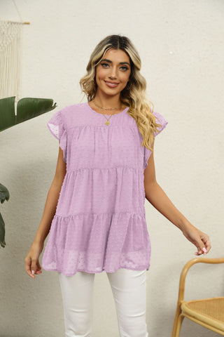 Swiss Dot Round Neck Tiered Blouse, Trendsi - A Blissfully Beautiful Boutique