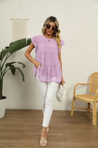 Swiss Dot Round Neck Tiered Blouse, Trendsi - A Blissfully Beautiful Boutique