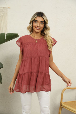 Swiss Dot Round Neck Tiered Blouse, Trendsi - A Blissfully Beautiful Boutique