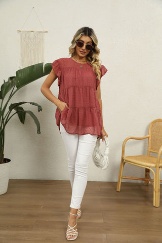 Swiss Dot Round Neck Tiered Blouse, Trendsi - A Blissfully Beautiful Boutique