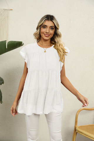 Swiss Dot Round Neck Tiered Blouse, Trendsi - A Blissfully Beautiful Boutique