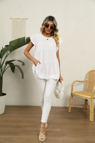 Swiss Dot Round Neck Tiered Blouse, Trendsi - A Blissfully Beautiful Boutique