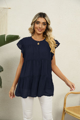 Swiss Dot Round Neck Tiered Blouse, Trendsi - A Blissfully Beautiful Boutique