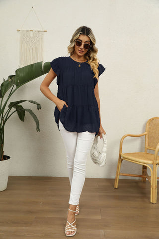 Swiss Dot Round Neck Tiered Blouse, Trendsi - A Blissfully Beautiful Boutique