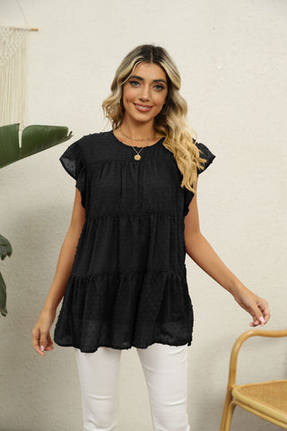 Swiss Dot Round Neck Tiered Blouse, Trendsi - A Blissfully Beautiful Boutique