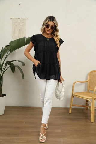 Swiss Dot Round Neck Tiered Blouse, Trendsi - A Blissfully Beautiful Boutique