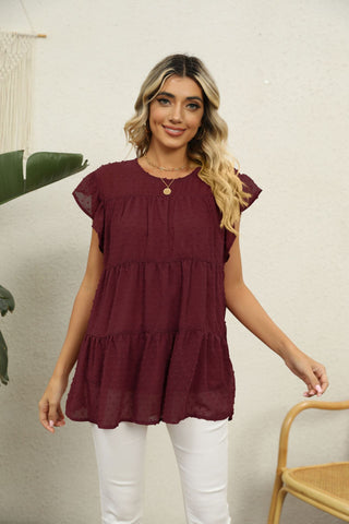 Swiss Dot Round Neck Tiered Blouse, Trendsi - A Blissfully Beautiful Boutique