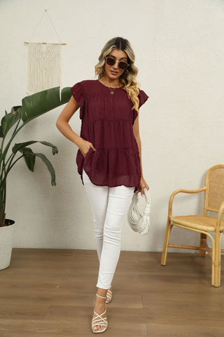 Swiss Dot Round Neck Tiered Blouse, Trendsi - A Blissfully Beautiful Boutique