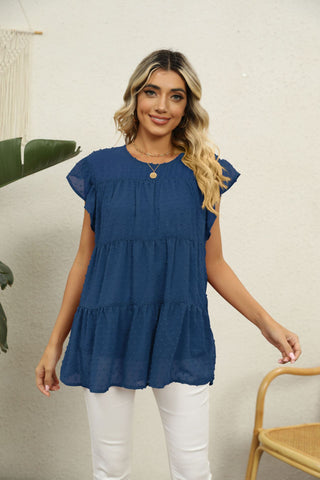 Swiss Dot Round Neck Tiered Blouse, Trendsi - A Blissfully Beautiful Boutique
