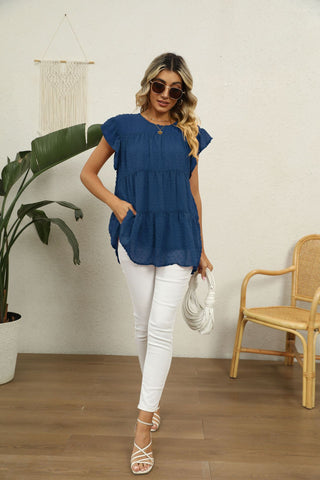 Swiss Dot Round Neck Tiered Blouse, Trendsi - A Blissfully Beautiful Boutique
