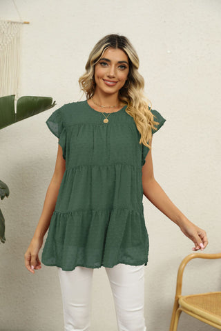 Swiss Dot Round Neck Tiered Blouse, Trendsi - A Blissfully Beautiful Boutique