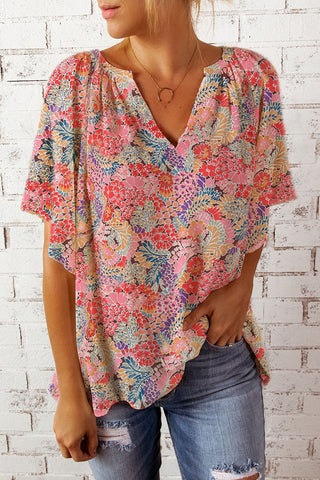Floral Notched Neck Flutter Sleeve Blouse, Trendsi - A Blissfully Beautiful Boutique