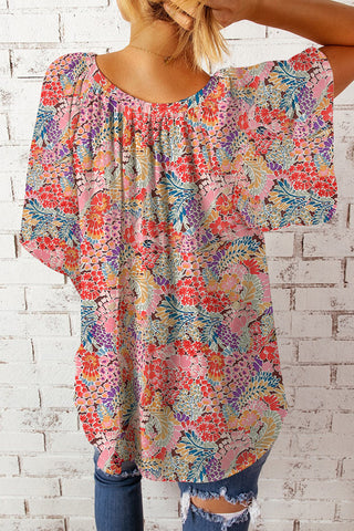 Floral Notched Neck Flutter Sleeve Blouse, Trendsi - A Blissfully Beautiful Boutique