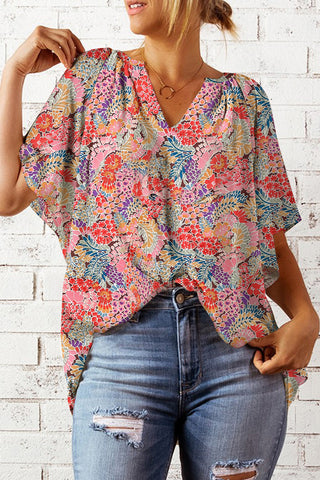 Floral Notched Neck Flutter Sleeve Blouse, Trendsi - A Blissfully Beautiful Boutique