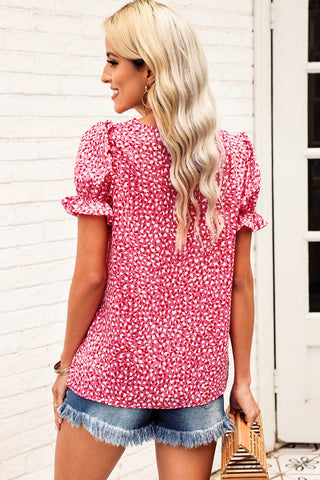 Printed Flounce Sleeve Plunge Blouse, Trendsi - A Blissfully Beautiful Boutique